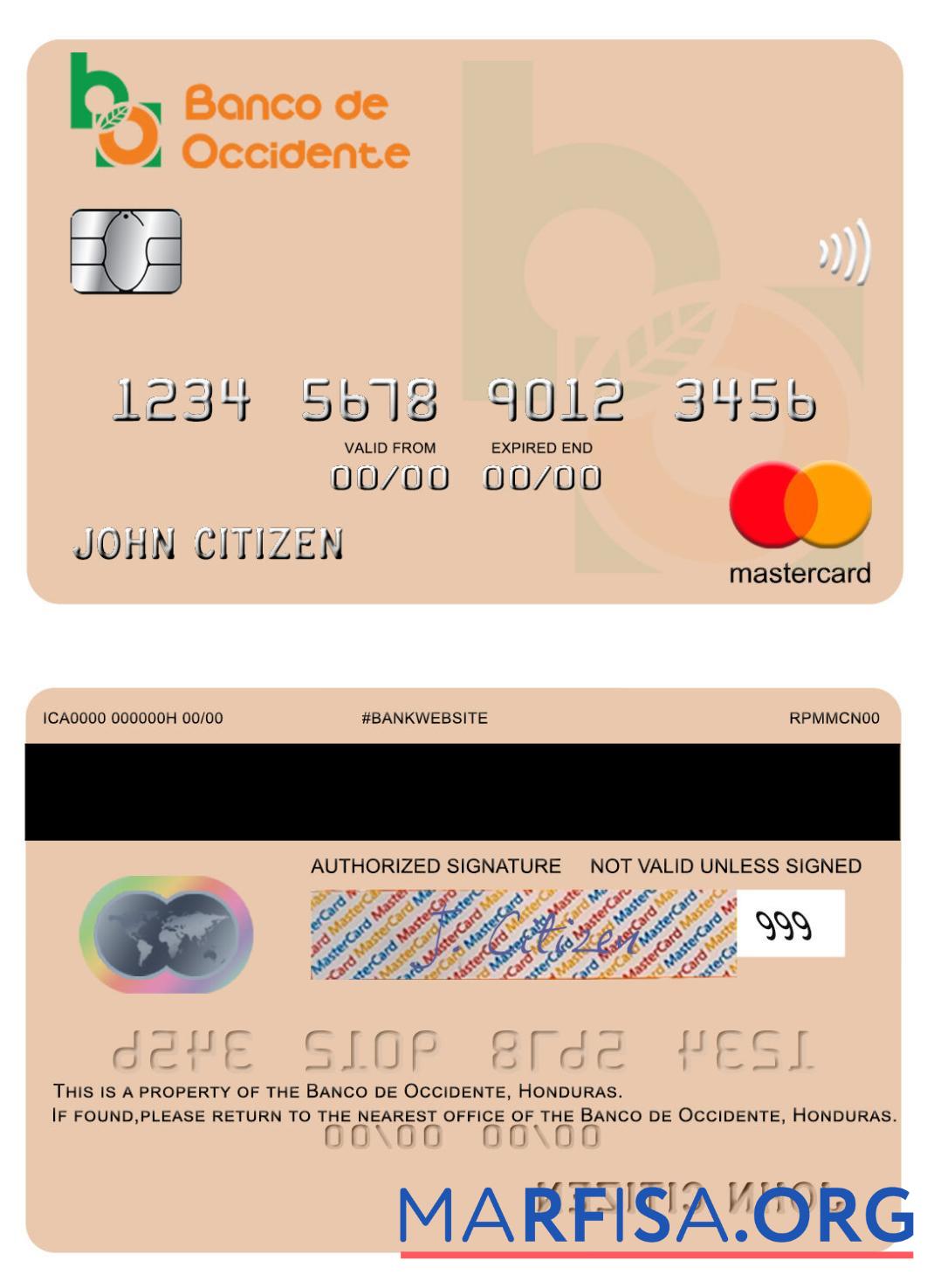 Realistic Honduras Banco de Occidente mastercard download for verification